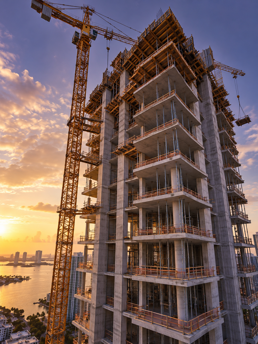 Illustration of an active high-rise construction site with concrete floors and a tower crane