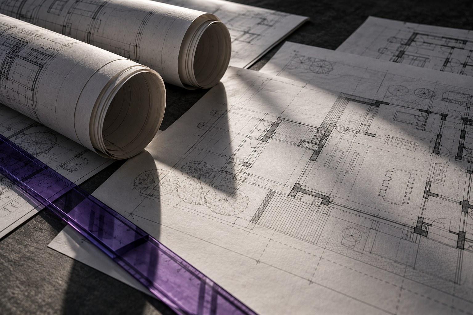 Architectural drawings and a violet straightedge on a dark review desk